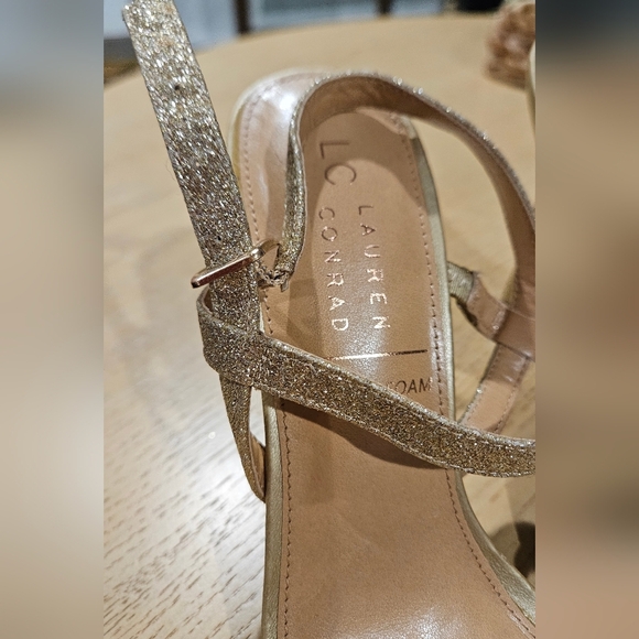 LC Lauren Conrad Hazelnuts Gold Shimmer Double Strap Stiletto Heels. Size - Picture 8 of 15